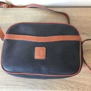 Unisex Vintage Bally Crossbody Bag Black Monogram PVC Body Tan Leather Accents